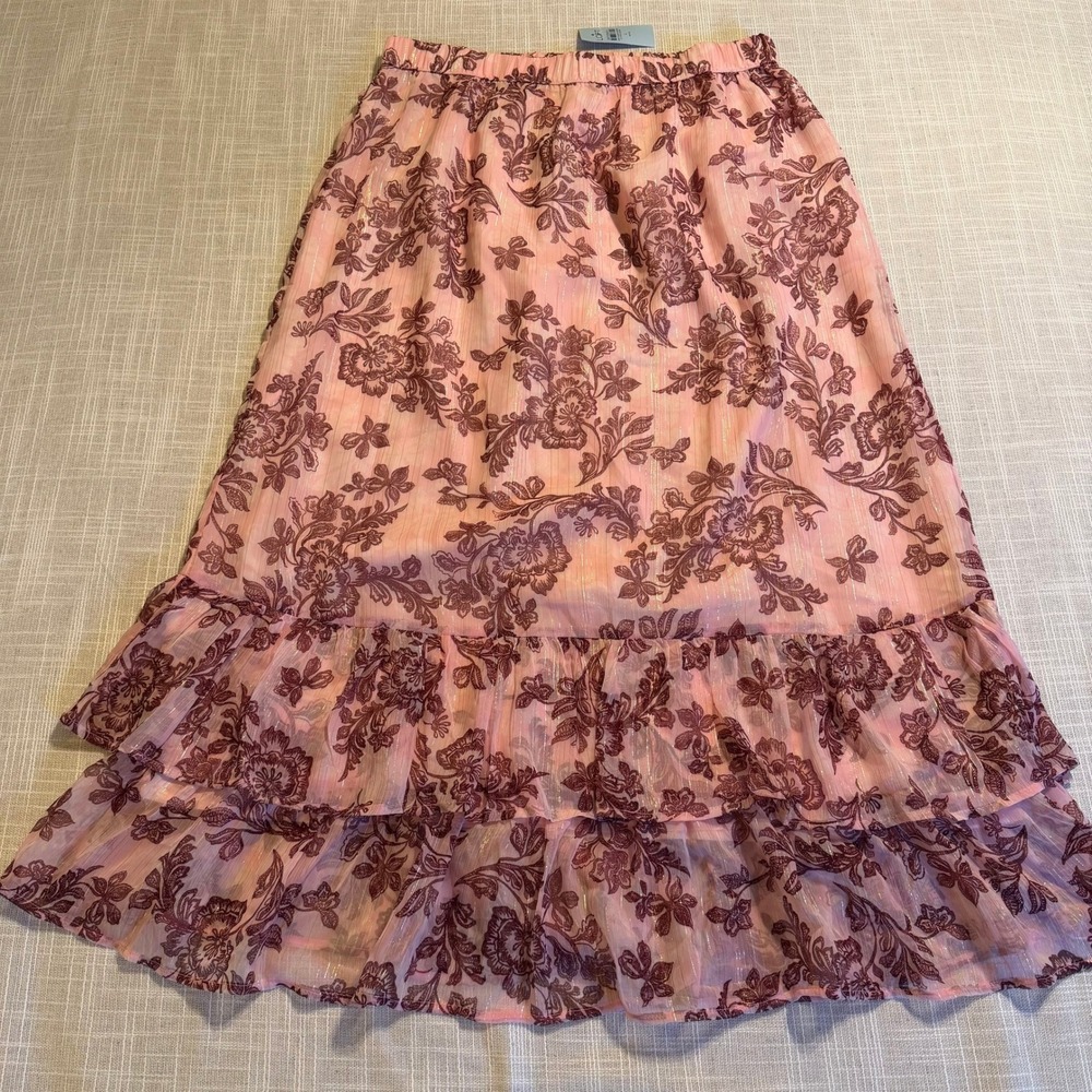 Loft Petites Pink Floral Metallic Tiered Ruffle Maxi Skirt Size LP Large Petite
